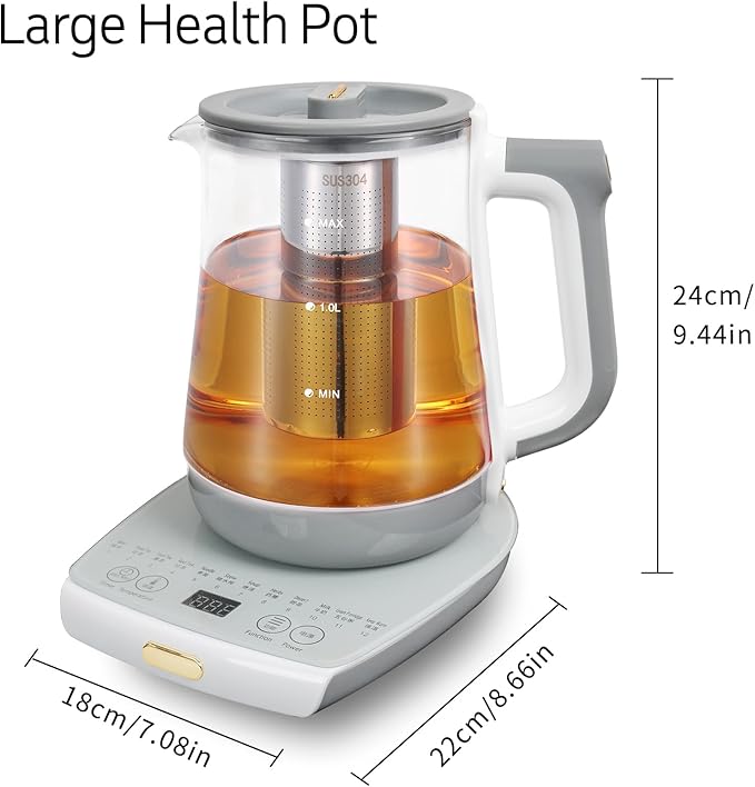 Health Pot Electric Kettle with Infuserand stew pot,Smart Fruit Hot Tea Maker, Temperature Control and Tea Keep Warm, 12 Functional Procedures, 1.8 Liters of Capacity