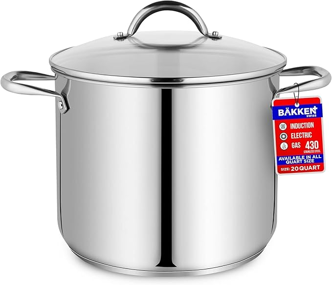 Stainless Steel Stockpot with Tempered Glass Lid 20 Quart, Durable 18/0 Stainless Steel, Impact-Bonded Base for Even Heating, Riveted Handles, Oven & All Stove Compatible, Safe Up To 500°F (260°C)