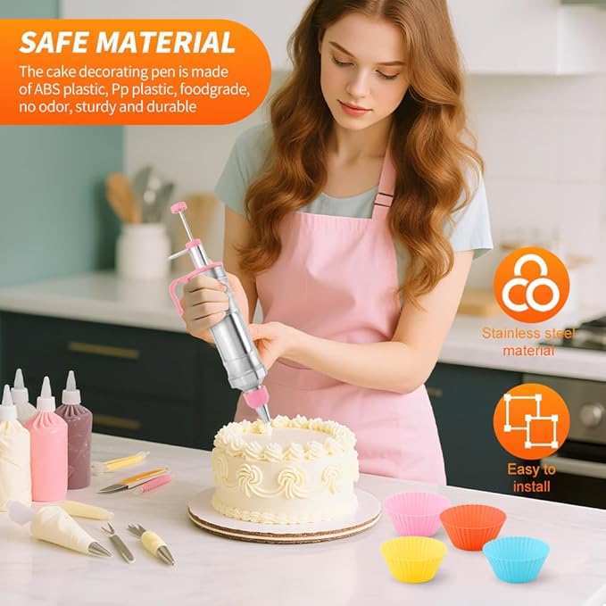 Dessert Decorating Syringe Set, 24Pcs Frosting Piping Kit with 6 Piping Tips, 12 Silicone Cupcake, Stainless Steel Cupcake Decorating Kit Piping Bags and Tips Set