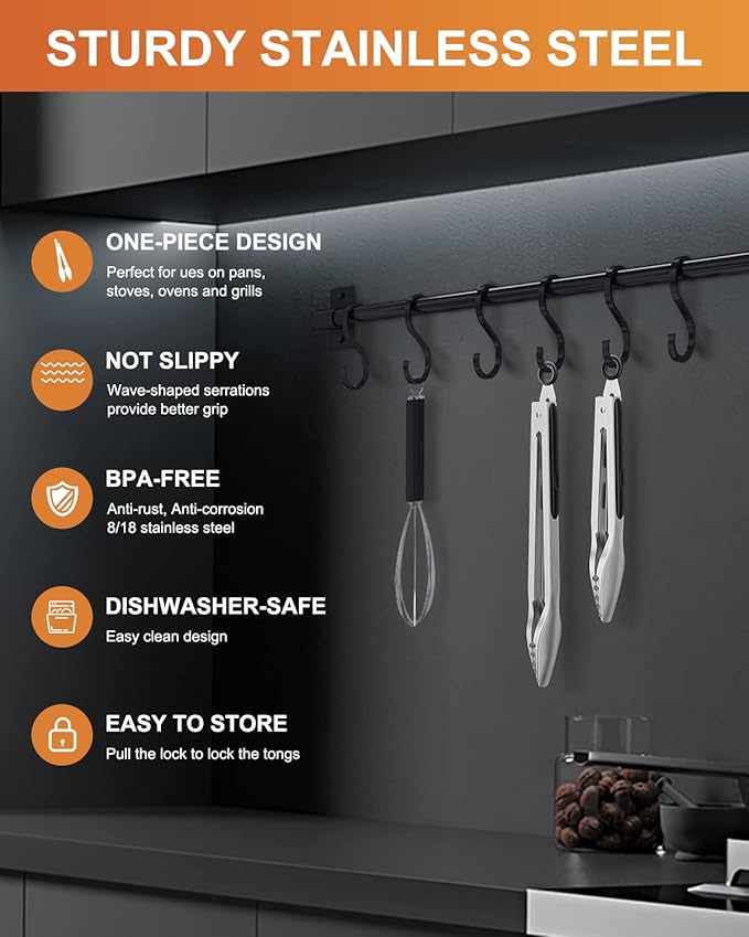 Cooking Tongs with Teeth, Premium Stainless Steel Kitchen Tongs Set of 2-9" and 12", Heavy Duty Locking Metal Food Tongs with Non-Slip Grip - Black