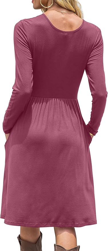 DB MOON Women Casual Long Sleeve Dresses Empire Waist Knee Length Loose Dress with Pockets