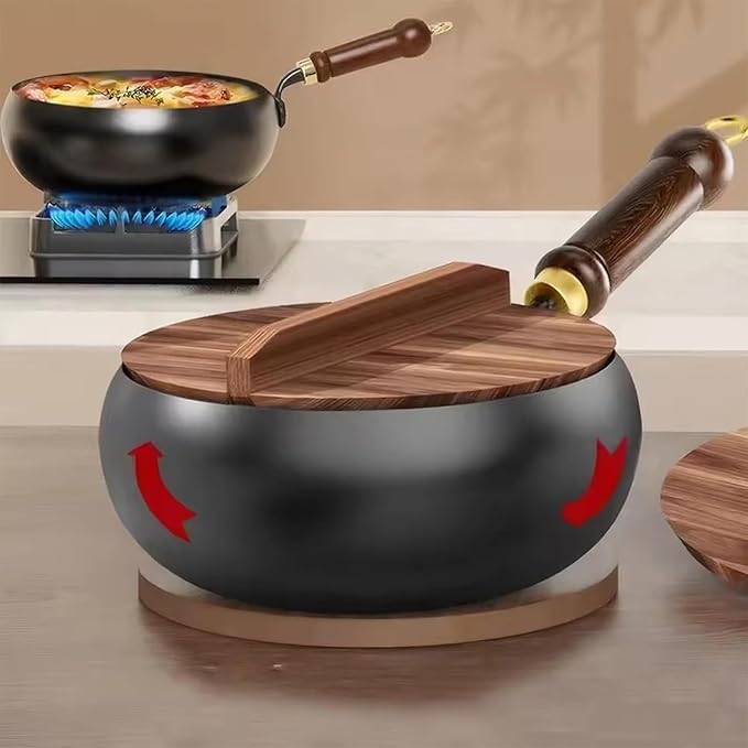 Jinswhdre Cast Iron Skillet, 9.5/11in Jinswhdre Japanese Irons Pan, Hand Forged Uncoated Iron Pan with Lid Spatula, Non-stick Wok for Cooker Gas Stir Fry Pans Durable and Rust-Free (Wooden Lid,9.45in)