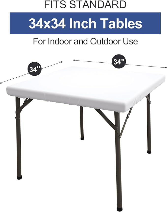 homing Square Table Cloth Cover, Waterproof Polyester Elastic Fitted Tablecloth, Washable Table Protector for Picnic, Camping, Outdoor (White, 34" x 34")