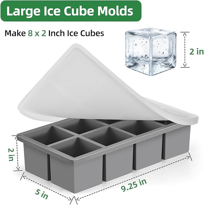 Ice Cube Tray for Freezer,2 Pack Large Ice Cube Molds for Whiskey,2Inch Square Ice Cube Tray,Easy-Release Ice Mold,16 Giant Ice Cubes for Bourbon Cocktail(Grey)
