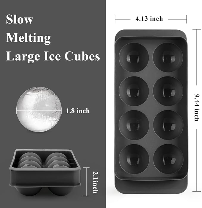 Round Ice Cube Mold,8 PCS x 1.8 in Whiskey Ice Cubes,Circle Ice Cube Tray with Lid,Large Ice Ball Maker Mold Sphere Ice Cube,Large Ice Cube Molds for Cocktails,Coffee(Round Ice Cube Mold,Black