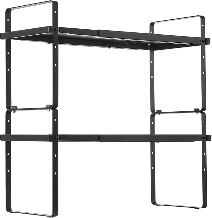 VEVOR Adjustable Kitchen Cabinet Shelf Organizer, Expandable 2 Tier Cabinet Shelf, Stackable Countertop Organizers and Storage Risers, Pantry for Kitchen Bathroom Office, Black