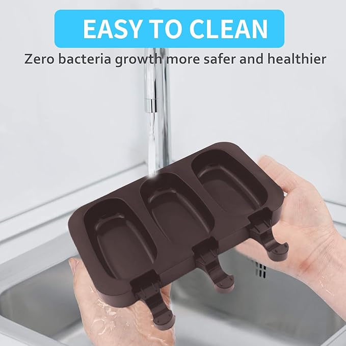 Popsicle Molds Set of 2, Ice Pop Molds Silicone, 3 Cavities Ice Cream Oval Cake Pop Mold with 100 Wooden Sticks for DIY Popsicle, Cake (Brown)