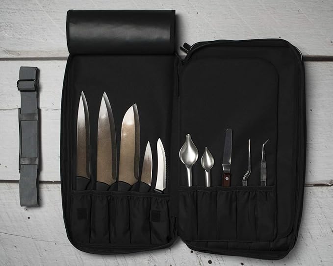 Asaya Chef Knife Bag - 28 Pockets for Knives and Kitchen Utensils - Durable Ballistic Nylon, Black Stainless Steel Hardware, Card Holder and Adjustable Shoulder Strap - Knifes not Included