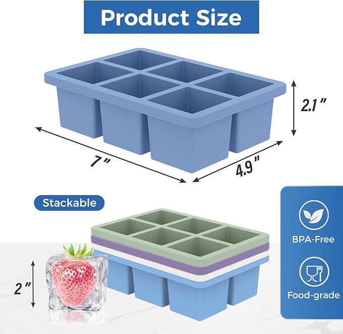 mossime Silicone Ice Cube Tray: 4pack Square Whiskey Large Ice Cube Molds - Old Fashioned Ice Cube Trays with Lid - 2inch Easy Release Big Freezer Mold for Cocktail Baby Food Soup & Juice