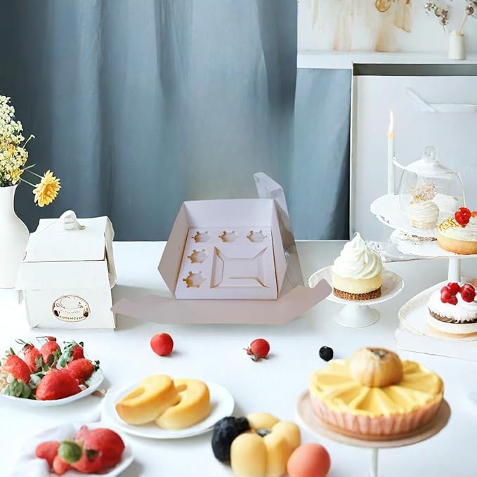 Bento Cake Box - Easy to Assemble White 4-inch Cake and 5 Cupcakes Box With Insert - 5 Sets Base for Family Birthday Party Mother's Day