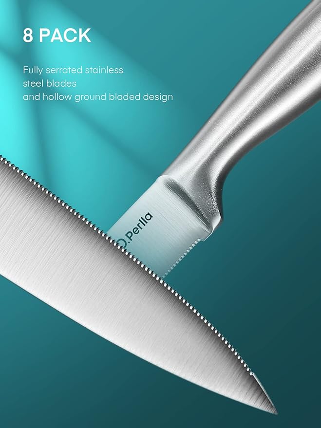 D.Perlla Steak Knives, Micro Serrated Steak Knife Set of 8, High Carbon Stainless Steel Steak Knives Set, Elegant Sharp Kitchen Steak Knife Set, Silver