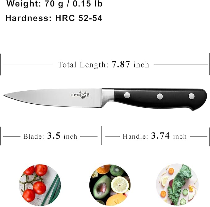 KUMA Paring Knife - 3.5 Inch Pro Bolster Japanese Profile Kitchen Knife For Detailing With Ease - Stainless Steel Vegetable & Fruit Knife With Ergonomic Design