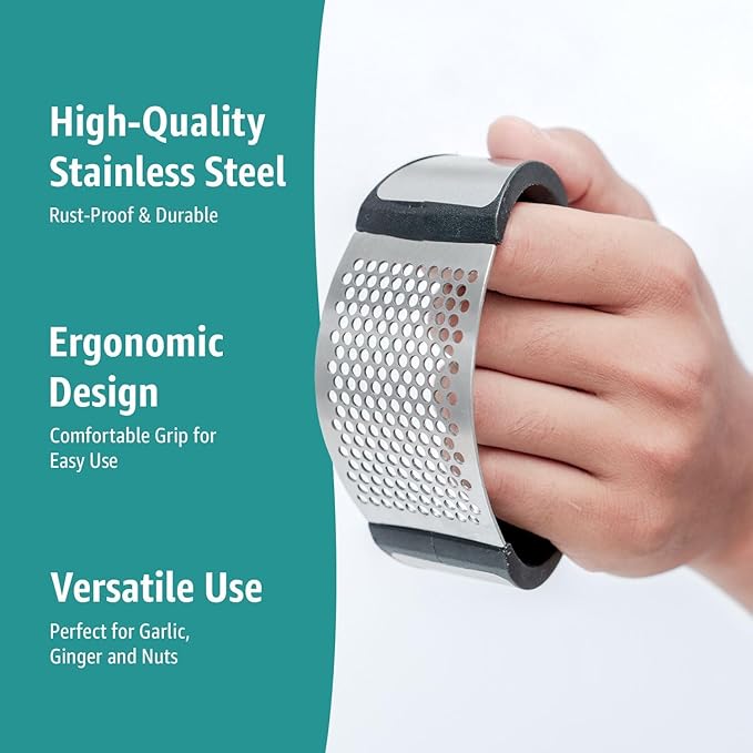 GD Garlic press rocker, crusher, mincer tool stainless steel with a Garlic Peeler, spatula, and Brush extract more Garlic Paste. The Garlic Mincer Tool Squeezes, Extracts, Crushes