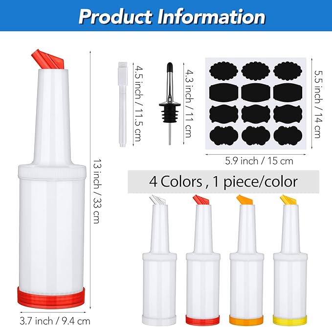 Ruisita 4 Pack Fruit Juice and Liquor Pour Bottles 34 oz Bar Juice Containers Plastic Pour Bottles with Stainless Steel Bottle Pourer Tapered Spout in 4 Colors for Liquor Juice Store