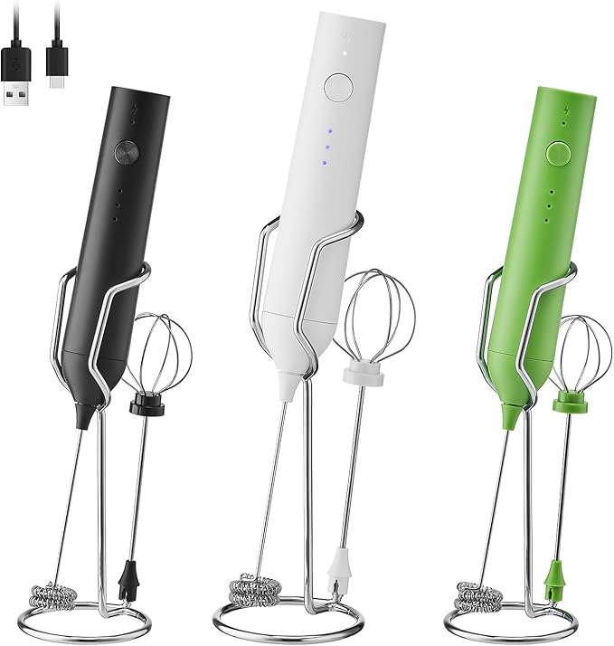 Rechargeable Milk Frother Set by ELMWAY, Electric Drink Blender with Wand and Egg Whisk, Foam Maker Mixer, Milk Frother Handled for Coffee, Latte, Matcha, Protein Powder (White with Stand)