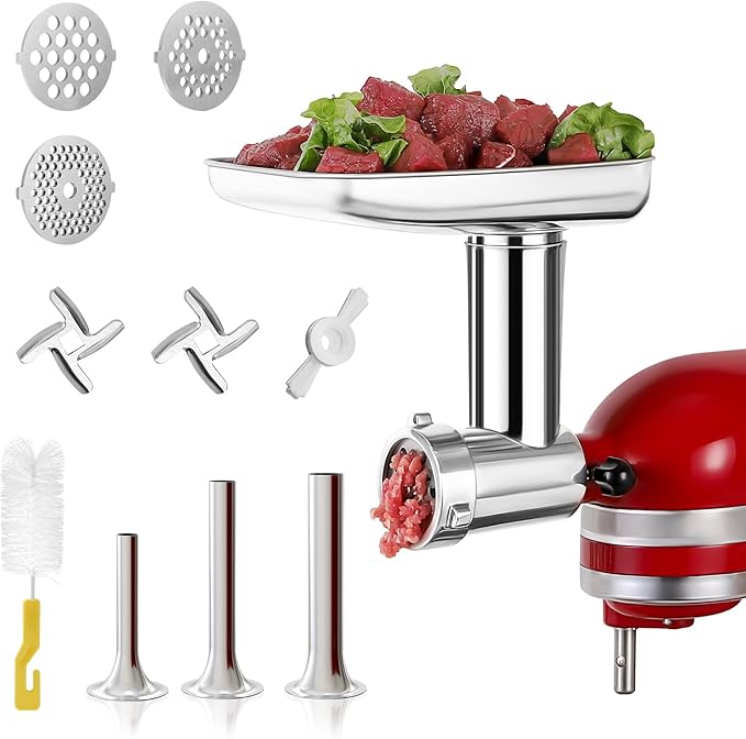 Stainless Steel Meat Grinder Attachment for KitchenAid Stand Mixers, Includes 3 Grinding Plates & 3 Sausage Stuffer Tubes, All-Metal Food Grinder, Dishwasher Safe