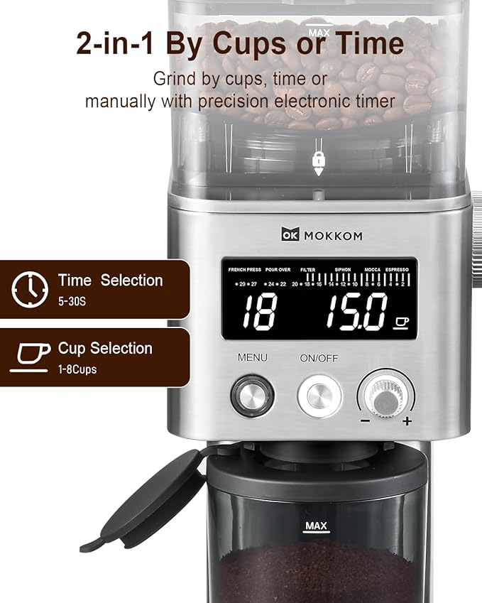 MOKKOM Coffee Grinder, Anti-static Conical Burr Coffee Bean Grinder, Adjustable Electric Burr Mill with 31 Precise Settings for Espresso/Drip/Pour Over/Cold Brew/French Press Coffee Maker