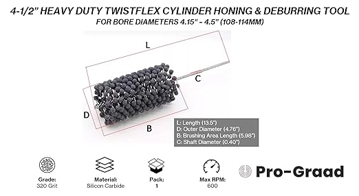 TwistFlex Heavy Duty Cylinder Hone, 4-1/2" 320SC Flexible Cylinder Honing & Deburring Tool, 4.5" Bore Brush for Hole Diameters 4.15"- 4.5", Silicon Carbide 320 Grit, 13.5" Length (1 Pack)