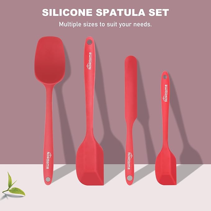 NileHome Silicone Spatula Set, Rubber Spatula High Heat-Resistant Premium BPA-Free One Piece Seamless Design Cooking Spatulas Utensils Set for Kitchen 4Pack(Red)