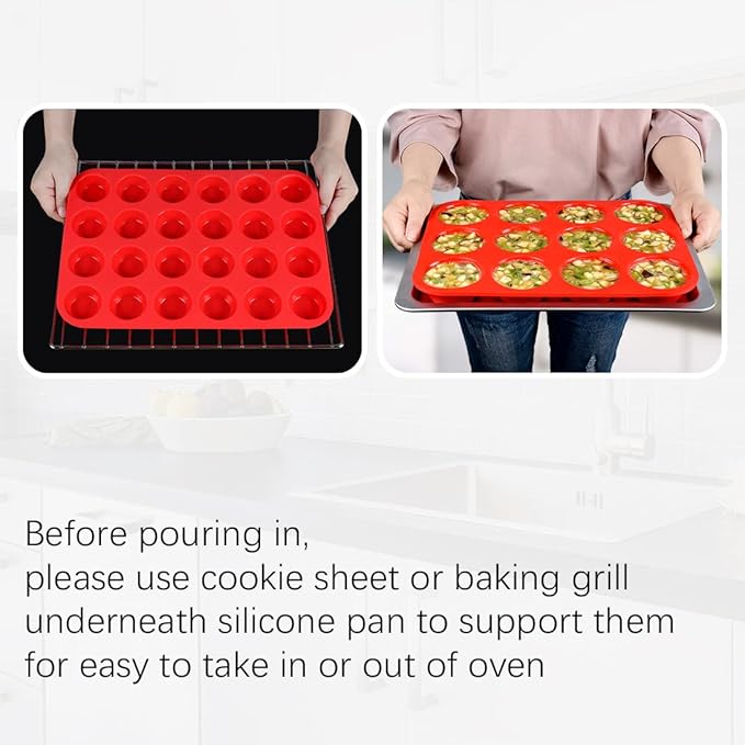 Silicone Muffin Pan, Mini Muffin Pan, Regular 12 Cups and Mini 24 Cups Cupcake Tin Set of 2 for Baking Egg Bites