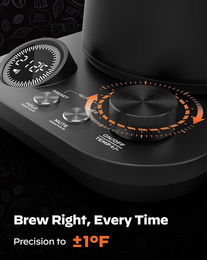 Silonn Gooseneck Kettle, Electric Kettle with ±1°F Precise Temperature Control, Pour-Over Coffee,100°C Hold for 4-Hour Warmth, LED Brew Timer and 7 Presets, 304 Stainless Steel Kettle, 1200W/0.9L