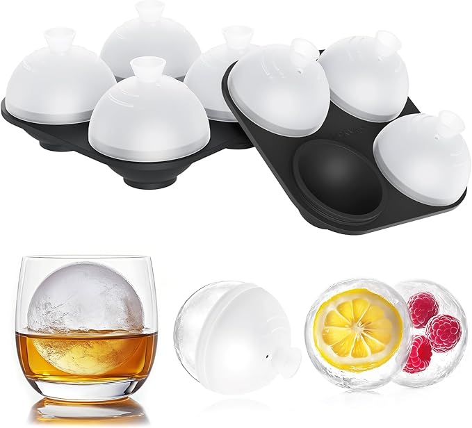 HONYAO Silicone Whiskey Ice Ball Mold - 2.4 Inch Large Ice Cube Trays Molds Silicone with Lids - Ice Sphere Maker for Cocktails, Bourbon, Rum - 2 x 4 Iceballs