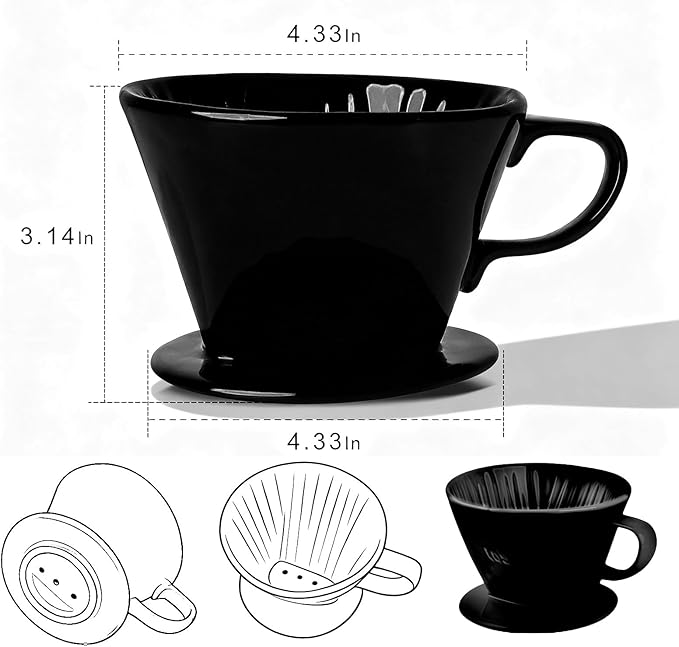 Handmade Pour Over Ceramic Coffee Dripper - Authentic Brewing Experience for Camping, Office, and Home (Black)