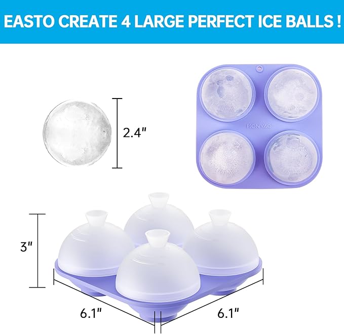 HONYAO Whiskey Ice Ball Mold, 4 x 2.4 Inch Large Ice Ball Maker Mold, Food Grade Silicone Round Ice Cube Mold - BPA Free, Easy to Fill & Release Sphere Ice Cube Tray for Cocktails Bourbon Rum - Purple
