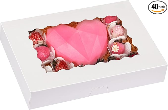Moretoes 40pcs Cookie Boxes, 14x10x2.5 Inch Auto-Popup Bakery Boxes with Window, for Donuts, Pies, Cakes, Muffins, and Pastries
