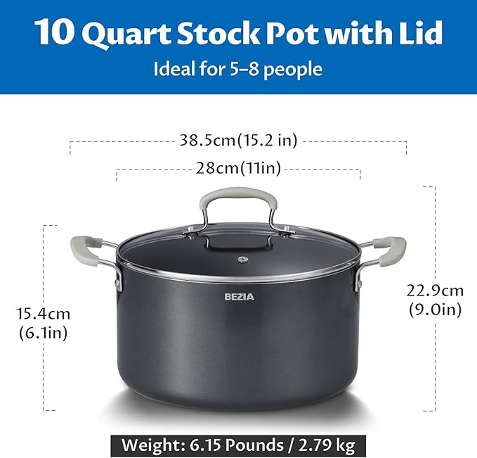10 Quart Nonstick Stock Pots with Lid, BEZIA Ceramic Soup Pot with Lid, Induction Ready, Cooking Pots with Silicone Handle, Large Pot for Cooking, Compatible with All Cooktops, Dishwasher Safe