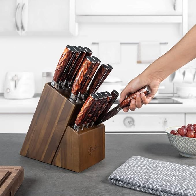 SENKEN 16-Piece Natural Acacia Wood Kitchen Knife Block Set - Japanese Chef's Knife Set with Laser Damascus Pattern, Includes Steak Knives, Kitchen Shears, Santoku, Cleaver & More (Red Resin Handles)
