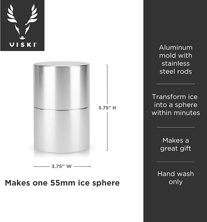 Viski Ice Ball Press Aluminum Ice Press for Whiskey Bourbon Scotch Old Fashioned Cocktail & Rocks Beverage, Clear Ice Ball Maker Mold Size, Barware Equipment & Gift Essentials, 55mm / 2.1", Silver