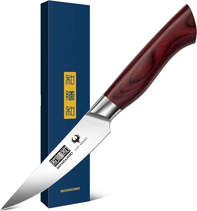 HOSHANHO 3.75 Inch Paring Knife, Ultra Sharp High Carbon Stainless Steel Small Kitchen Knife, Professional Janpanese Fruit Knife with Ergonomic Wood Handle