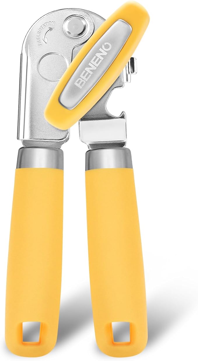 Beneno Heavy Duty Hand Can Opener Manual with Magnet, Durable Sharp Carbon Steel Blade Smooth Cutting, Big Effort-Saving Knob, Soft Grip Handle, Multifunctional Kitchen Tool with Bottle Opener, Yellow