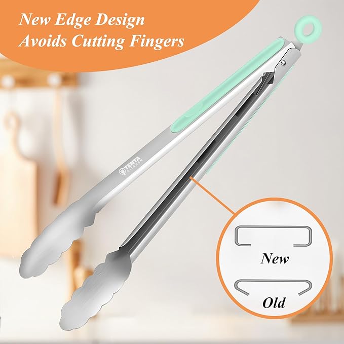 Tongs for Cooking, 12-Inch Stainless Steel Kitchen Tongs, Locking Metal Food with Silicone Non-Slip Grip, Kitchen Utensils for Food, Salad and Outdoor BBQ, Set of 4 (Mint Green)