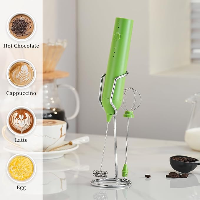 Rechargeable Milk Frother Set by ELMWAY, Electric Drink Blender with Wand and Egg Whisk, Foam Maker Mixer, Milk Frother Handled for Coffee, Latte, Matcha, Protein Powder (Green with Stand)