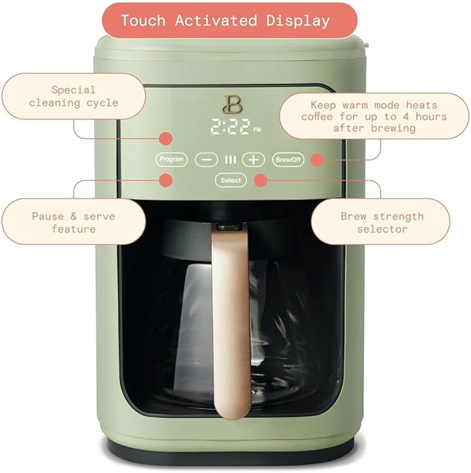 Beautiful 14 Cup Programmable Coffee Maker, Touch Display, 1200W, Brew Strength Control, Keep Warm, Pause & Serve, Glass Carafe, Reusable Filter, Auto Shut-Off, Matte Finish (Sage Green)