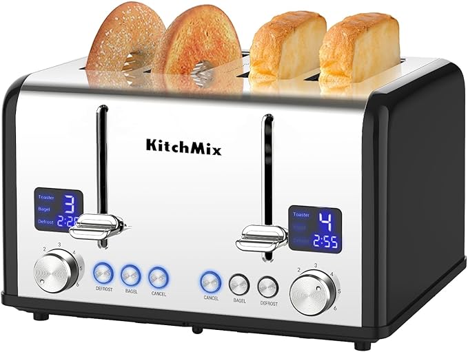 Toaster 4 Slice, KitchMix Bagel Stainless Toaster with LCD Timer, Extra Wide Slots, Dual Screen, Removal Crumb Tray (Black)