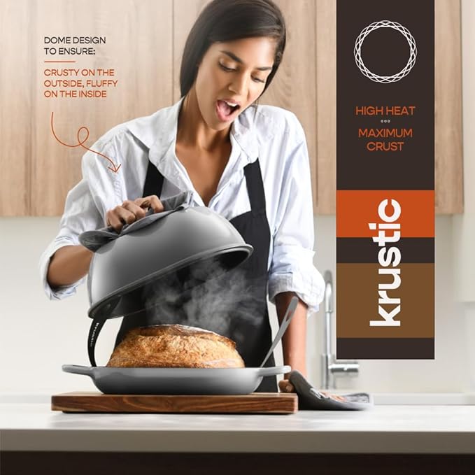 Enameled Cast Iron Dutch Oven for Professional Sourdough Bread Baking | 5.5 Quart Loaf Size Oval Cookware Pot with Lid | Triple-Layer Enamel Coating Pan with Non Stick Silicone Mat | Gray