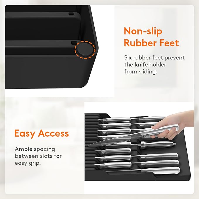 Lifewit Magnetic Drawer Knife Organizers Insert, Kitchen Plastic In Drawer Knife Block Slots for 16 Knives and 1 Sharpening Steel, Extra Large Steak Chefs Knives Holder Storage Sets, Black
