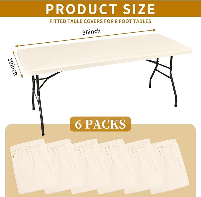 6 Pack Stretch Fabric Table Top Cap Cover, fits 8' Tables, Spandex Table Covers Washable Elastic Rectangle Tablecloth Protector for Indoor Outdoor Party Picnic Wedding, Ivory, 30" W x 96" L