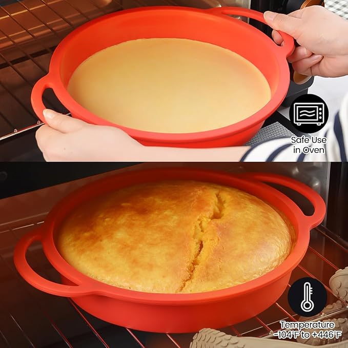 9 Inch Round Cake Pan, Metal Reinforced Frame Silicone Cake Mold for Baking with Handle Easy to Move BPA Free