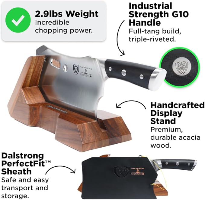 Dalstrong Obliterator Meat & Veggie Cleaver Knife - 9 inch - Gladiator Series R - Wood Stand & Sheath Cover - Razor Sharp Heavy Duty Bone Chopper- 3lbs 6mm Thick - 7CR17MOV Carbon Steel - G10 Handle