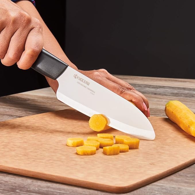 Kyocera’s Revolution 4-Piece Ceramic Knife Set: Ceramic Chef Knife For Your Cooking Needs, 7" Chef's Santoku, 5.5" Santoku, 4.5" Utility & 3" Paring Knives, Black/White