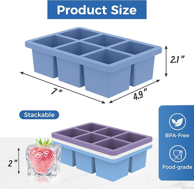 mossime Large Ice Cube Molds: 3pack Square Whiskey Silicone Ice Cube Trays With Lid - Old Fashioned Cocktail Big Ice Cube Tray- 2inch Easy Release Freezer Maker for Baby Food Soup & Juice