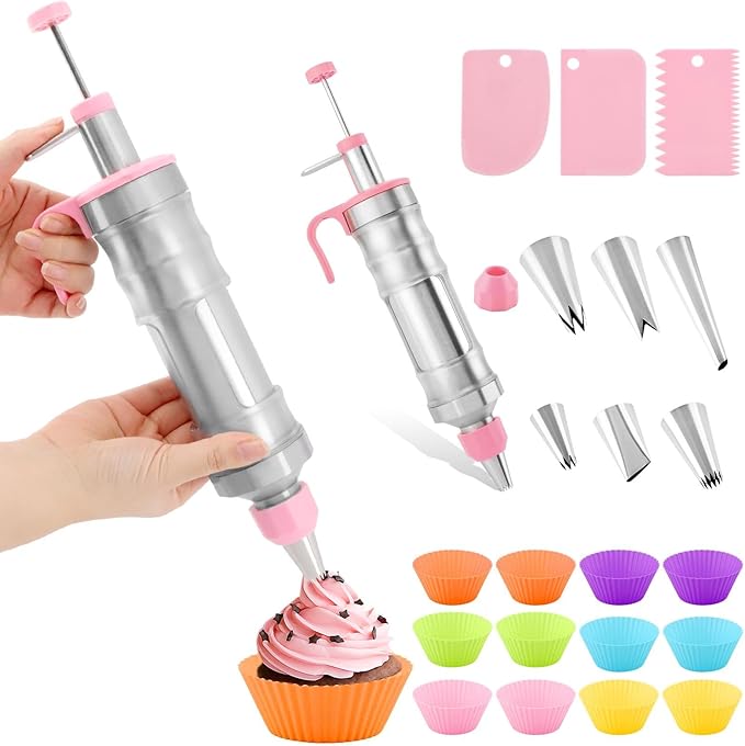 Dessert Decorating Syringe Set, 24Pcs Frosting Piping Kit with 6 Piping Tips, 12 Silicone Cupcake, Stainless Steel Cupcake Decorating Kit Piping Bags and Tips Set