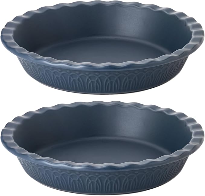 Fun Elements Ceramic Pie Pan, 9 Inch Pie Dish for Baking, Ruffled Pie Plate, Non-Stick Deep Dish Pie Pan for Apple Pie and Pot Pie, Set of 2, Blue
