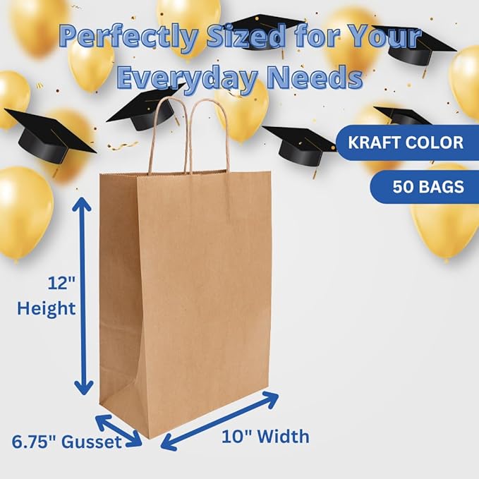 ASSUREPAK DIY Earth Friendly Paper Bags - 60LB - 10"x6.75"x12" - 50 Bags - 90 GSM - Kraft/Natural - Gift Bags for Decorating & Graduation Parties
