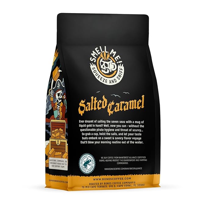 Bones Coffee Company Salted Caramel Flavored Coffee, Medium Roast Low Acid Arabica Beans Compatible with Auto drip and French Press Coffee Maker, 12 Oz Ground