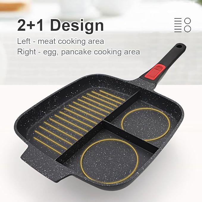 3 in 1 Grill Pan for Stove Tops with Detachable Handle, Nonstick Versatile Griddle Divided Pan, Square Skillet PFOA Free, Black